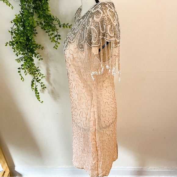 Vintage Lew Magram Peach Silk Beaded Cocktail Dress Medium - Picture 6 of 11